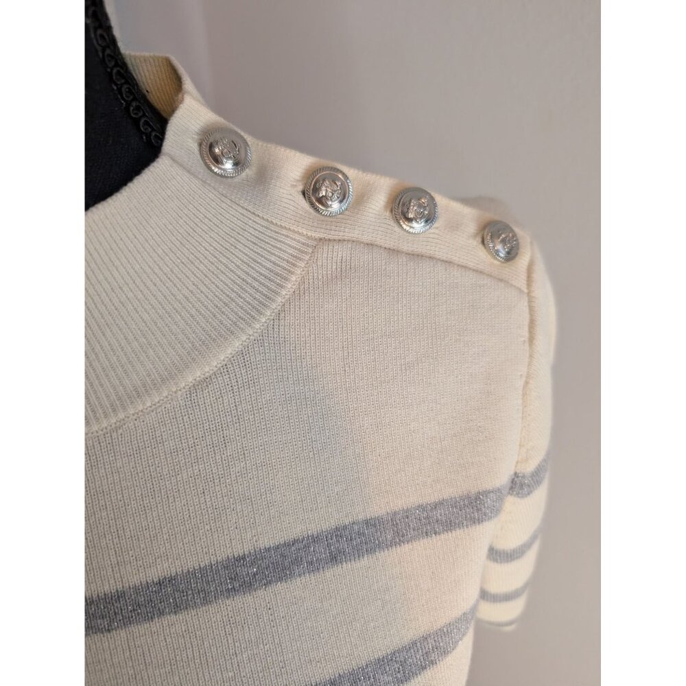 Talbots Petite Metallic Striped Short-Sleeve Sweater With Button Shoulder - SP - Picture 2 of 6